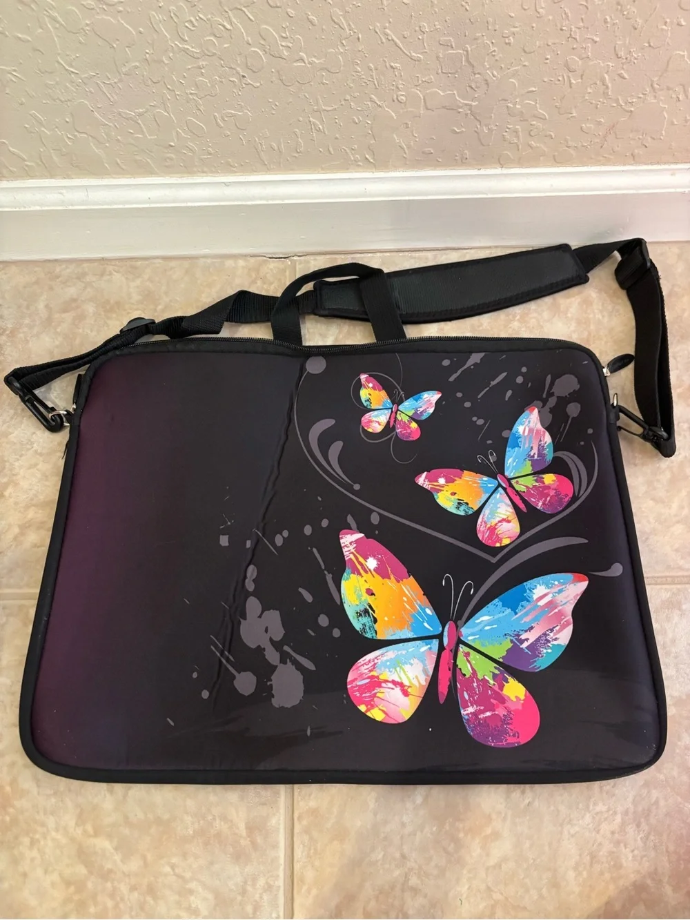 Black Butterfly Print Tablet/Laptop Sleeve with Colorful Accents